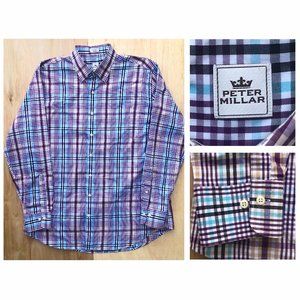 PETER MILLAR GINGHAM Men’s Purple Blue Button Up Long Sleeve Dress Shirt sz XL
